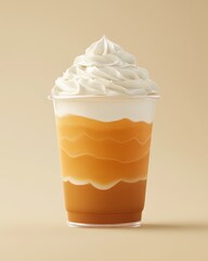 Poster - Delicious layered orange drink with creamy whipped topping in a clear plastic cup on beige background