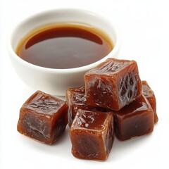 Poster - Delicious homemade caramel candies with sweet sauce in a white bowl on a white background studio shot close up food photography