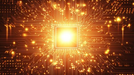 Poster - Bright Circuit Board with Central Processor and Glowing Connections