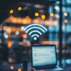 Poster - Connected Workplace: Laptop with WiFi Icon Overlay on Desk, Bokeh Background, Blurry Office Environment