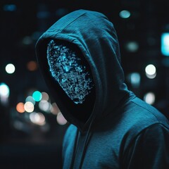 Aufkleber - Digital Identity: Hooded Figure with Glowing Matrix Mask in Urban Nightscape, mysterious and cool