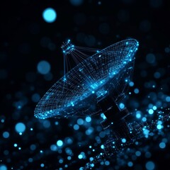 Poster - Digital Satellite Dish with Glowing Particles and Circuitry Against Dark Background of Bokeh Lights