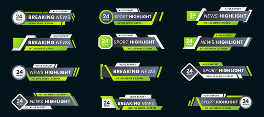 breaking news lower third banner set. tv header bars for news, sports, and live broadcast vector set