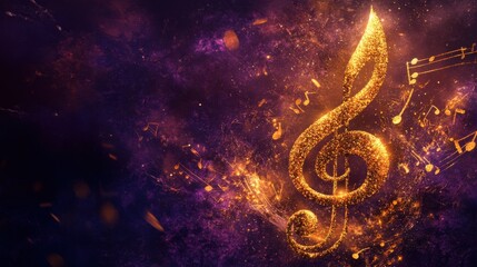 Poster - Shimmering Golden Treble Clef Surrounded by Musical Notes and Sparkles