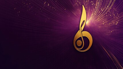 Poster - Golden Music Note with Sparkling Light Against Rich Purple Background