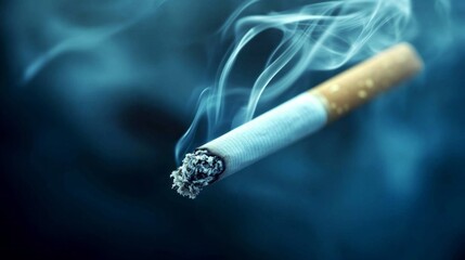 Poster - A glowing cigarette rests with wisps of smoke spiraling into the air, creating an atmosphere of calm and contemplation in a dim light, evoking feelings of solitude and introspection