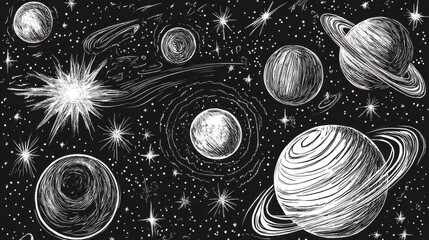 Wall Mural - Hand-Drawn Cosmic Illustration of Planets and Stars in Space