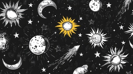 Wall Mural - Celestial Patterns with Sun, Moon, Stars, and Comets in Dark Background