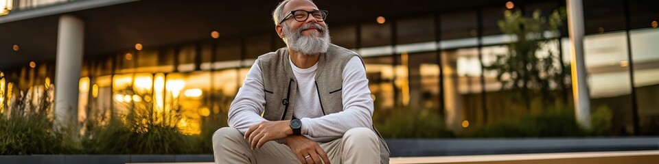 A man with a beard and glasses is sitting on a bench outside. He is smiling and looking at the camera