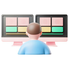 Poster - ecommerce marketing plan, Person working on dual monitors, focused on digital tasks and productivity