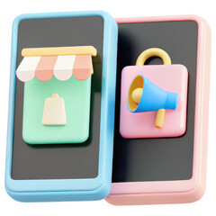 Poster - ecommerce marketing plan, 3D illustration of mobile phones with shop and notification icons