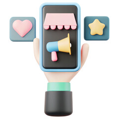 Poster - ecommerce marketing plan, colorful smartphone displaying megaphone, heart, and star icons