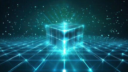 Fototapete - Abstract Digital Space with Glowing Cubes and Light Particles