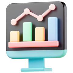 Poster - ecommerce marketing plan, 3D computer monitor with colorful bar graphs and line chart