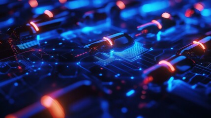 Poster - Abstract Digital Circuit Board with Neon Lights and Futuristic Design