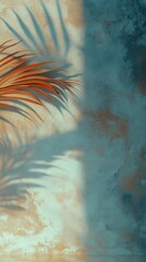 Poster - Tropical Palm Frond Shadow on Textured Wall with Warm Light and Blue Tones for Serene Interior Design Inspiration