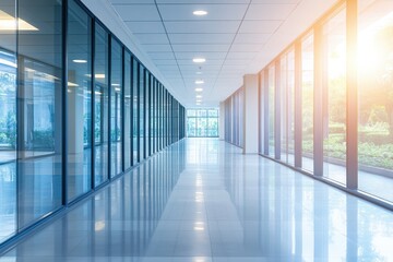 Poster - Bright and modern office corridor with glass walls and natural light creating a clean and professional atmosphere with a long perspective view