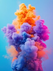 Aufkleber - Vibrant explosion of colorful smoke against a soft blue gradient background creating a dynamic and artistic visual effect