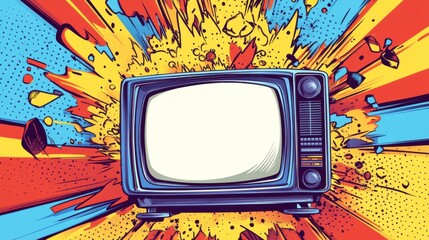 Poster - Vintage Television Surrounded by Colorful Comic Book Explosion Effects