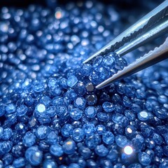 Poster - Captivating close up of brilliant blue sapphires held by precision tweezers showcasing gemstone quality and clarity