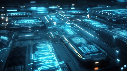 Poster - Futuristic Blue Circuit Board Design with Glowing Lines and Patterns