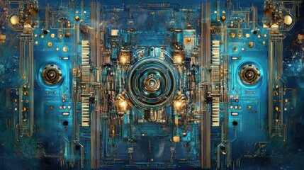 Poster - Futuristic Abstract Technology Design in Blue and Gold Colors