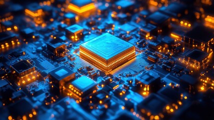 Poster - Modern Computer Chip with Glowing Blue and Orange Lights in Close-Up