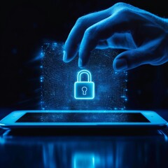 Aufkleber - Securing Data on Mobile: Man's Hand Interacting with Digital Lock Icon Projected From Tablet Device