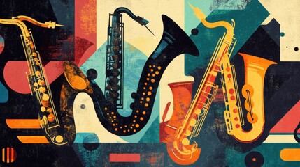Poster - Colorful Abstract Composition of Various Saxophones and Patterns