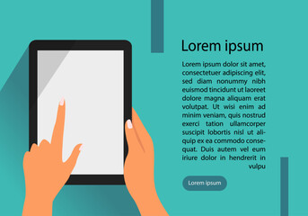 Hands Hold Tablet and pointing to the screen. Technology concept. Vector illustration