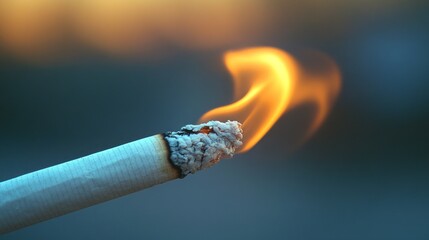 Poster - A glowing ember at the tip of a cigarette releases a swirling cloud of smoke into the evening air, creating a captivating contrast against a blurred twilight backdrop