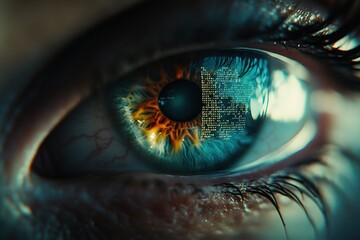 Poster - Eye reflecting digital code merging biology with technology in vibrant close-up
