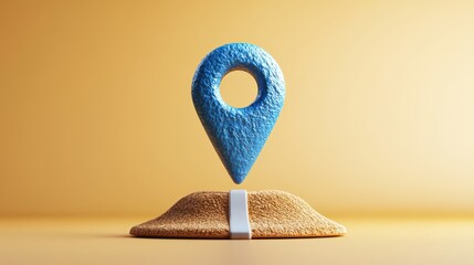 Poster - Blue location pin icon resting on a pile of sand representing navigation and mapping concept