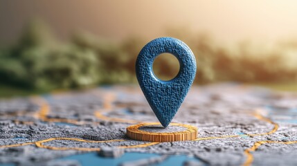 Poster - blue location pin on a map with trees in the background indicating navigation and geographic locatio