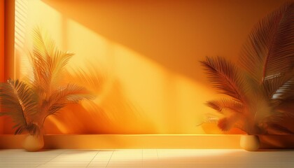 Wall Mural - abstract gradient orange studio background for product presentation empty room with shadows of window and flowers and palm leaves 3d room with copy space summer concert blurred backdrop