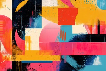 Poster - Geometric Abstract: Vibrant shapes interplay with texture and bold color contrasts