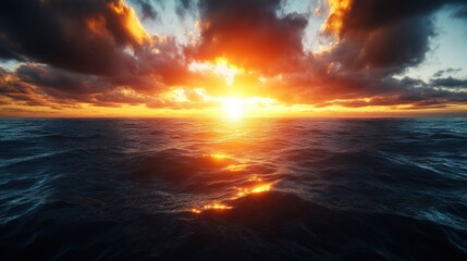 Poster - blue ocean at sunset with warm colors reflecting on a large body of water in high fidelity view