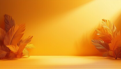 Wall Mural - abstract orange color gradient studio background for product presentation empty room with shadows of flowers and plant leaves 3d yellow room with copy space summer concept blurred backdrop