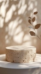 Poster - Elegant stone podium with eucalyptus branch casting shadows on a warm beige backdrop for product display and minimalist aesthetic