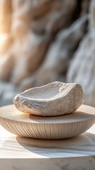 Poster - Serene stone bowl on wooden stand conveying natural beauty and minimalist elegance with soft lighting and blurred background