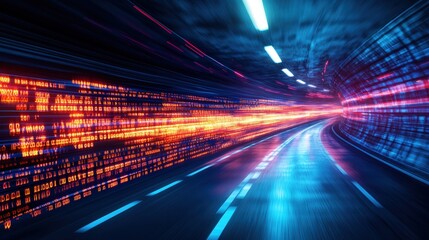 Poster - Long exposure of train passing through modern tunnel with blurred lights and dynamic motion effects