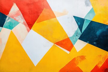 Poster - Geometric Abstract: Vibrant triangles in red yellow blue and white layers