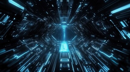 Fototapete - Futuristic Digital Tunnel with Blue Light and Technology Elements