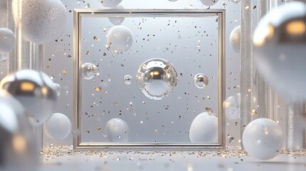 Poster - Abstract Visual of Frame Surrounded by Floating Spheres and Particles