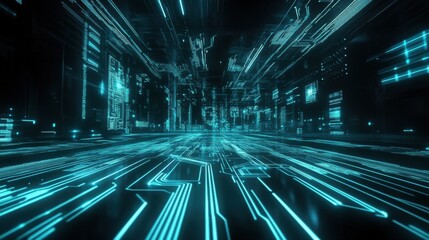 Fototapete - Abstract Futuristic Digital Corridor with Glowing Lines and Patterns