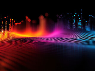 Poster - an abstract visual effect resembling the shape of sound waves or graphics, where points of light form luminous contours in multi-colored waves. 