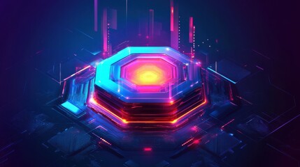 Fototapete - Abstract Digital Hexagon with Colorful Neon Lights and Glowing Effects
