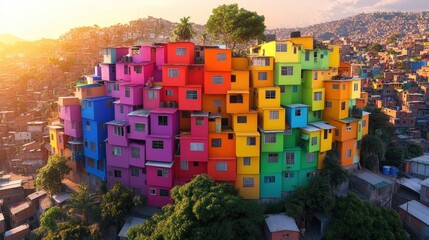 Poster - Colorful buildings with many windows in a vibrant brazilian favela cityscape under bright blue sky