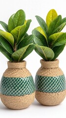 Poster - Two decorative vases with green artificial plants against a clean white background creating a serene and refreshing indoor ambiance perfect for home decor