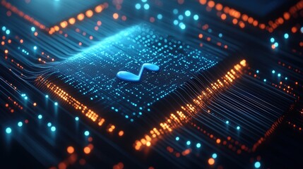 Poster - Circuit board with blue and orange lights and music notes pulsating in a digital pattern